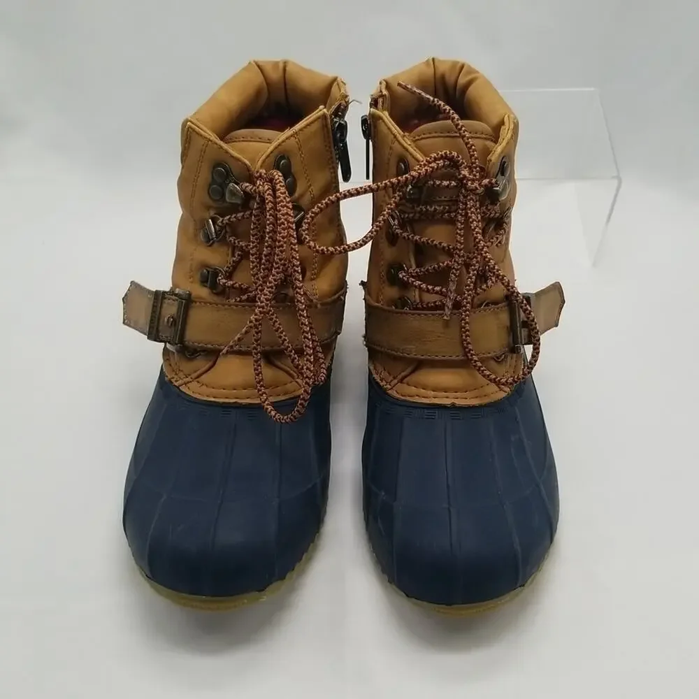 Tommy Hilfiger Women's SZ 8 Duck Boots Brown Blue Low Top Fleece Lined Leather